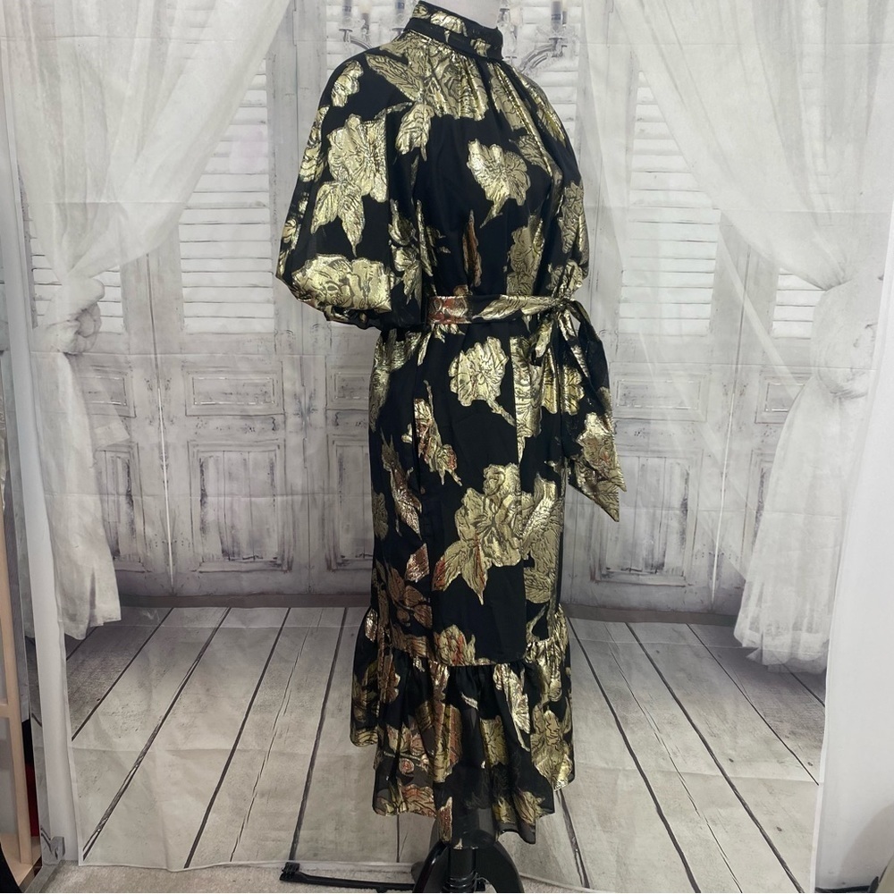 Alex Marie Black Gold Mock Neck Puff Sleeve Midi Dress Belted Pockets Cocktail - Picture 12 of 16